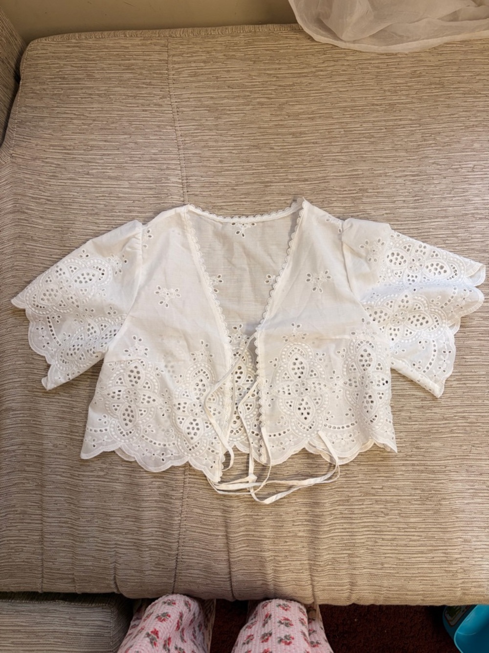 White Eyelet Tie-Front Cropped Blouse